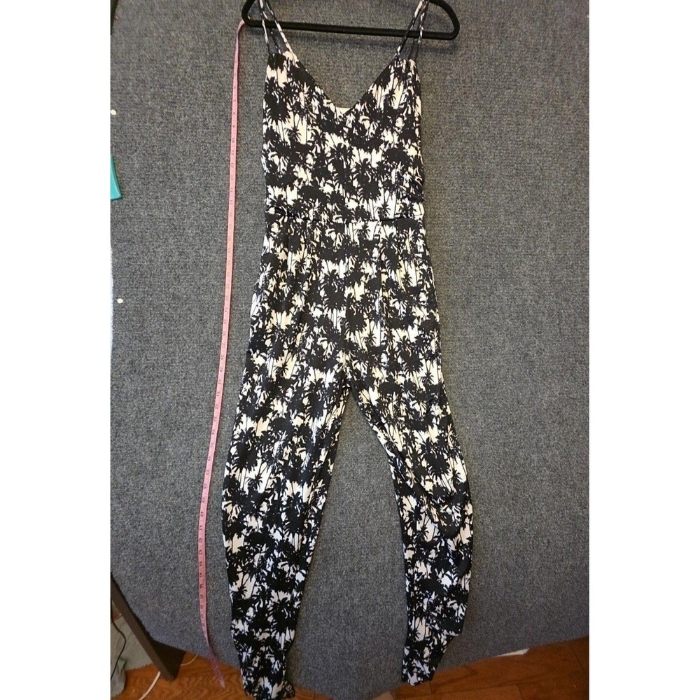 Neiman Marcus Jumpsuit Womens M Black Tropical Spaghetti Strap Elastic Waist